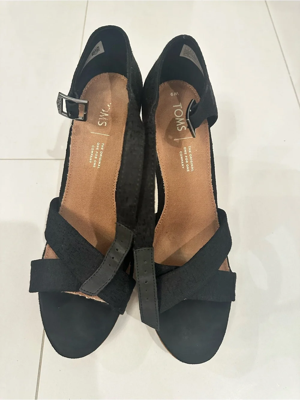 Toms Black Cork Wedge Sandals
